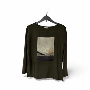 Zara Dark Green Long Sleeve Tee with Artistic Print